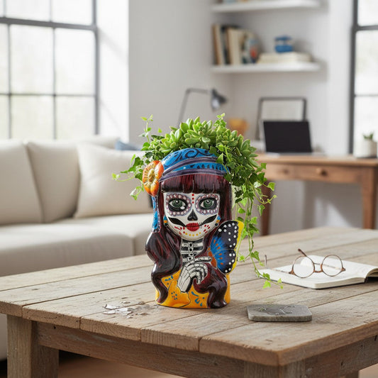 Talavera Butterfly Skull Planter | Colorful Day of the Dead Design
