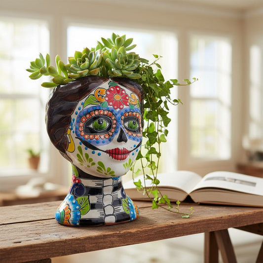 Talavera Skull Face Planter | Hand-Painted Day of the Dead Pottery