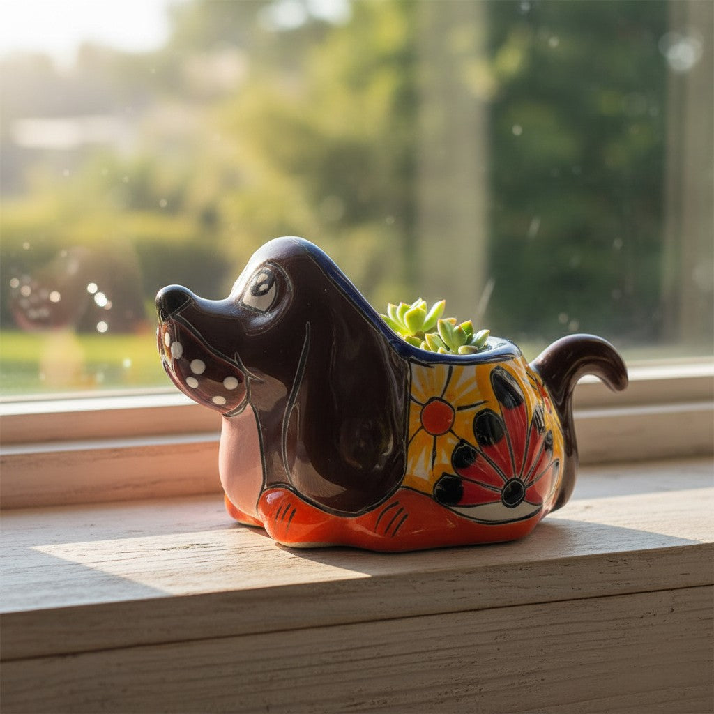 Small Talavera Dog Planter | Mexican Animal Pottery