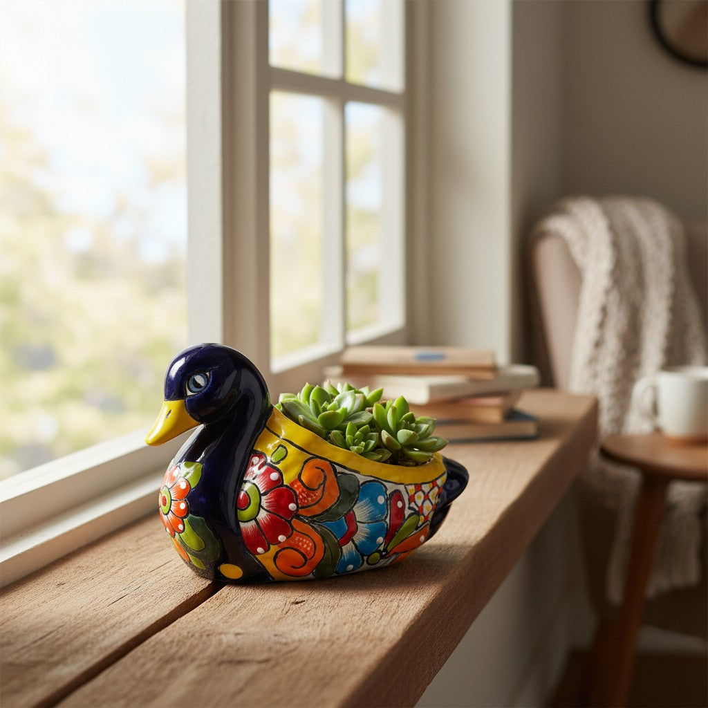 Colorful Talavera Duck Planter | Mexican Succulent Pottery Art