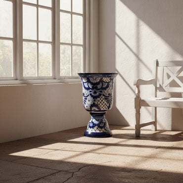 Extra Large Talavera Planter | Hand-Painted Blue Pedestal Flower Pot