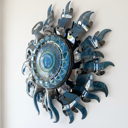 Giant Sun Wall Art with Light Fixture | Handmade Mexican Metalwork