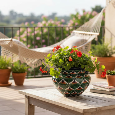 Vibrant Talavera Flower Pot | Green Peacock Design