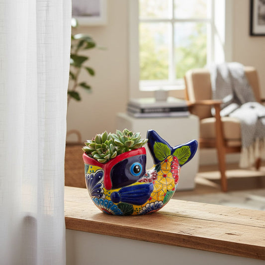 Colorful Talavera Fish Planter | Mexican Hand-Painted Pottery
