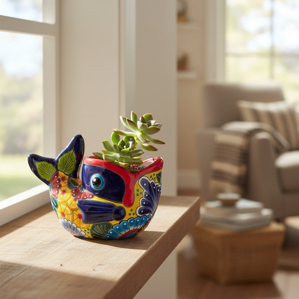 Colorful Talavera Fish Planter | Mexican Hand-Painted Pottery