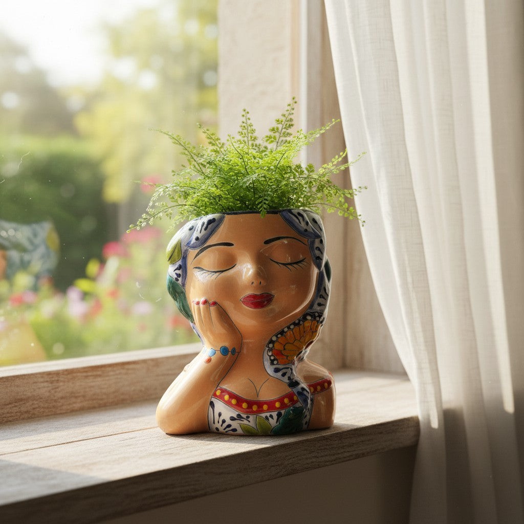 Hand-Painted Talavera Ceramic Lady Planter | Mexican Artwork Decor