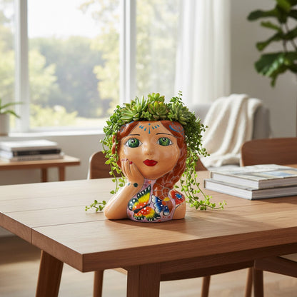 Hand-Painted Talavera Ceramic Lady Planter | Mexican Artwork Decor