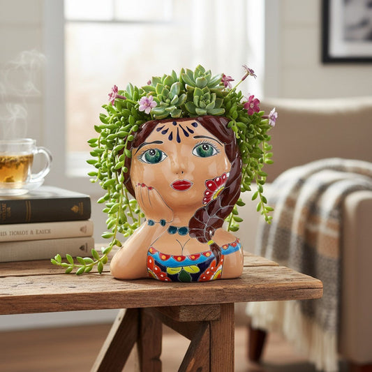 Hand-Painted Talavera Ceramic Lady Planter | Mexican Artwork Decor