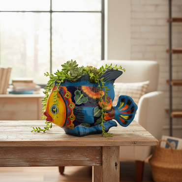 Large Talavera Fish Planter | Hand-Painted Mexican Statue Pottery