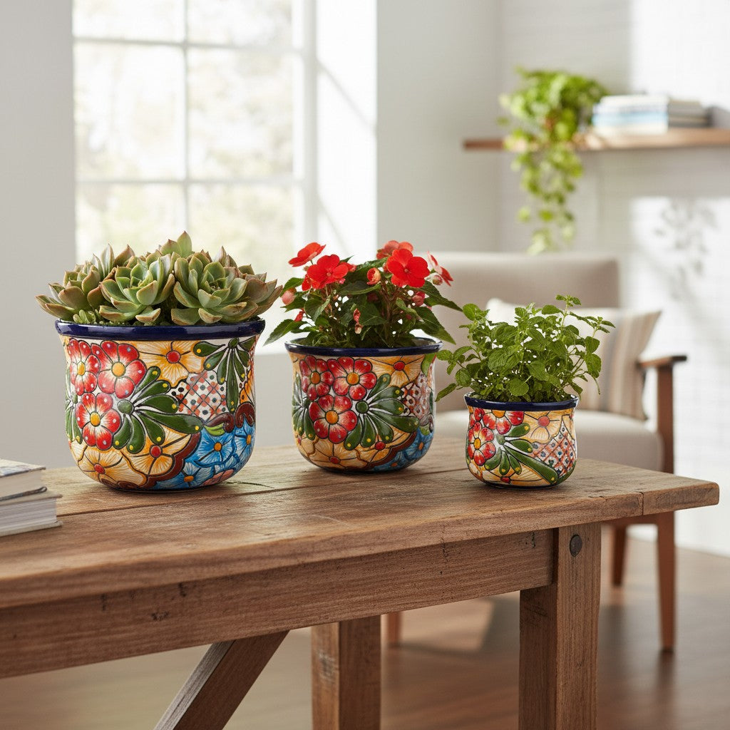 Set of 3 Talavera Flower Pots | Colorful Hand-Painted Mexican Planters