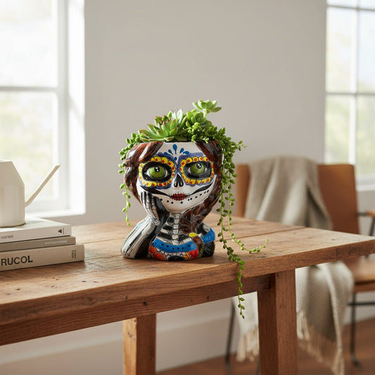 Talavera Skull Girl Planter | Hand-Painted Day of the Dead Pot