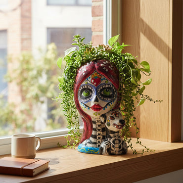 Talavera Lady Skull Planter | Colorful Day of the Dead Pot with Dog