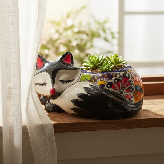 Talavera Sleeping Fox Planter | Hand-Painted Mexican Pottery
