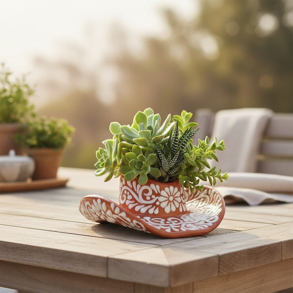 Talavera Sombrero Planter | Brown & White Floral Design