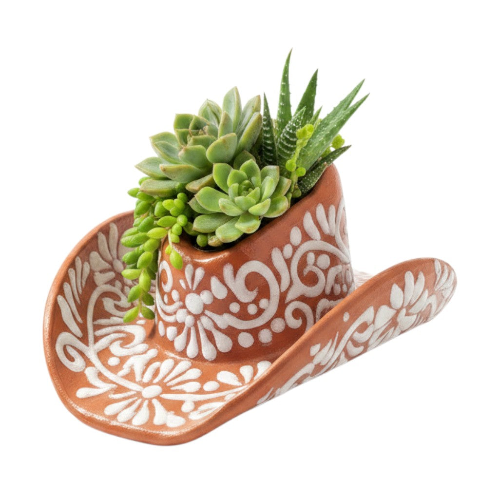 Talavera Sombrero Planter | Brown & White Floral Design