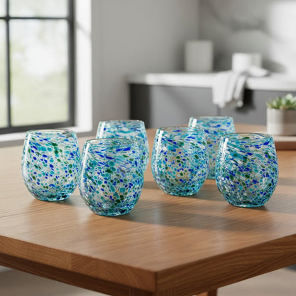Hand-Blown Stemless Wine Glass | Blue Green Confetti Design