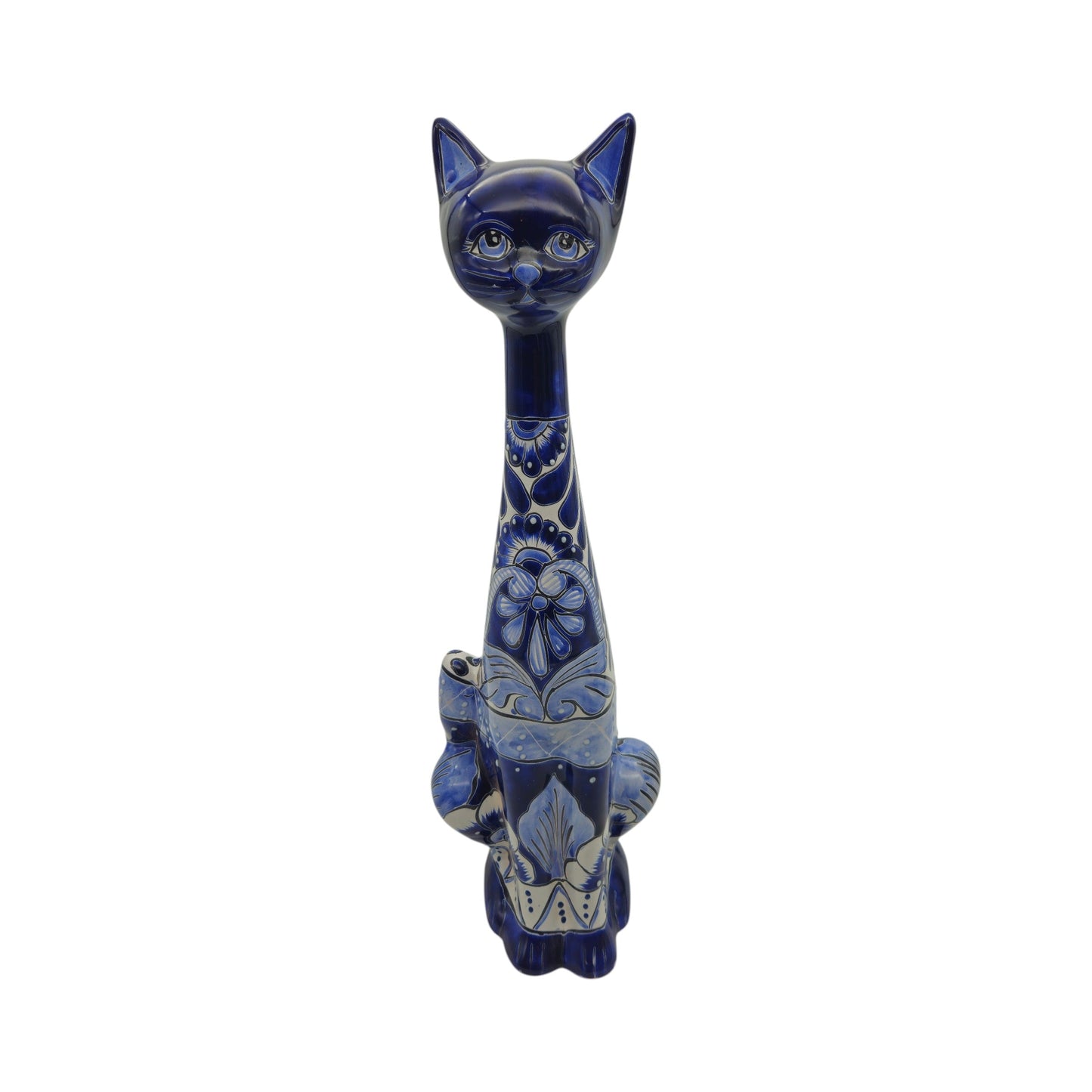 Tall Talavera Cat Statue | Handmade Blue & White Ceramic Figurine
