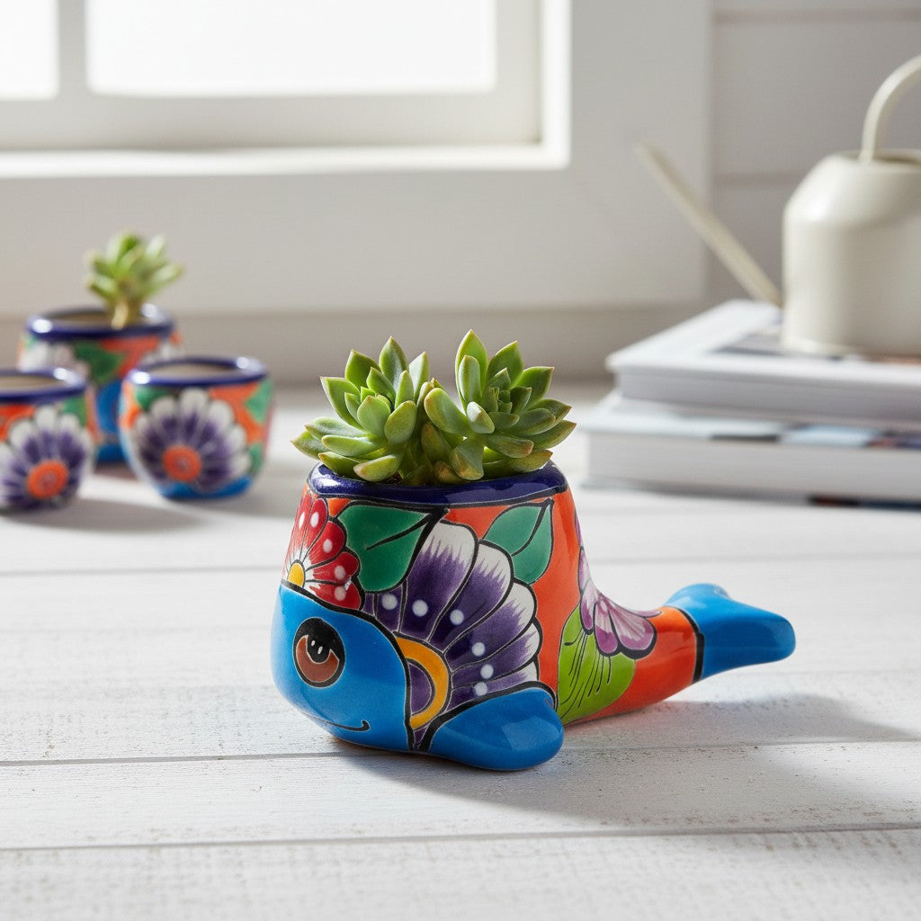 Small Talavera Whale Planter | Colorful Mexican Animal Pot
