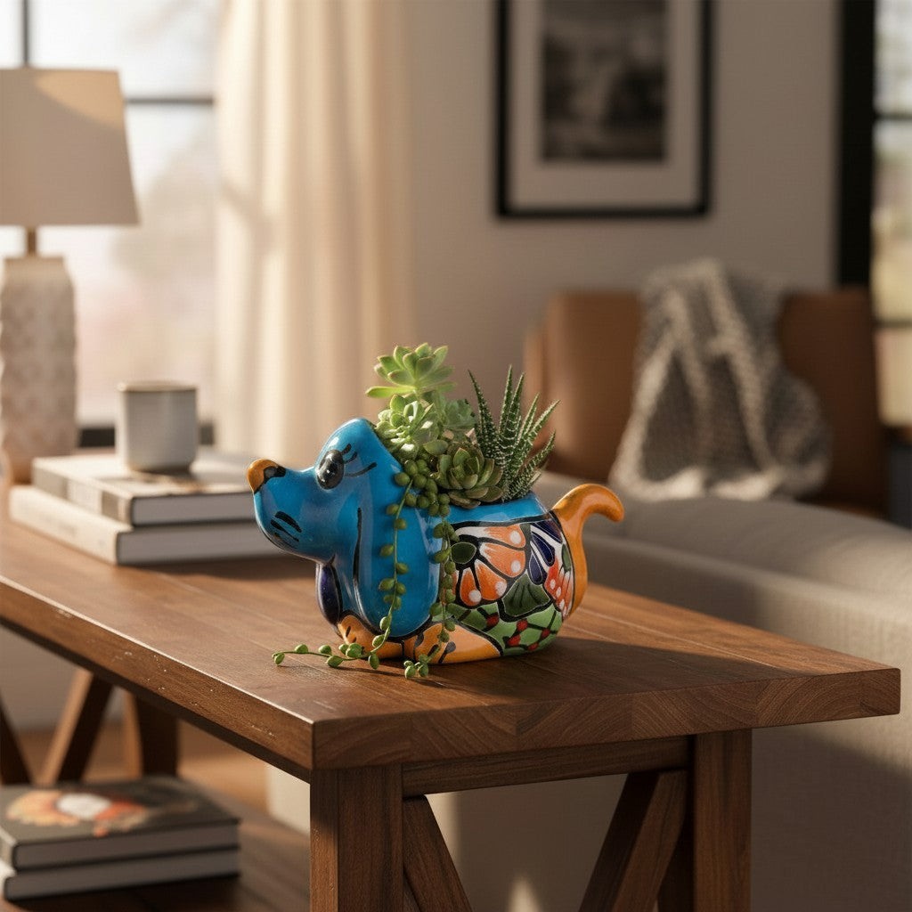 Small Talavera Dog Planter | Mexican Animal Pottery