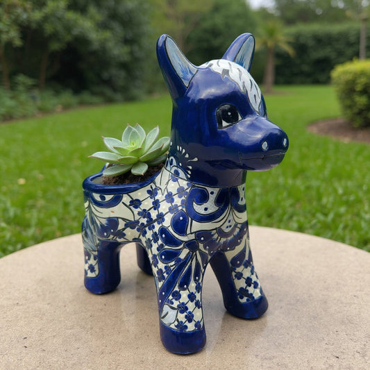 Blue & White Talavera Donkey Planter | Handmade Mexican Art