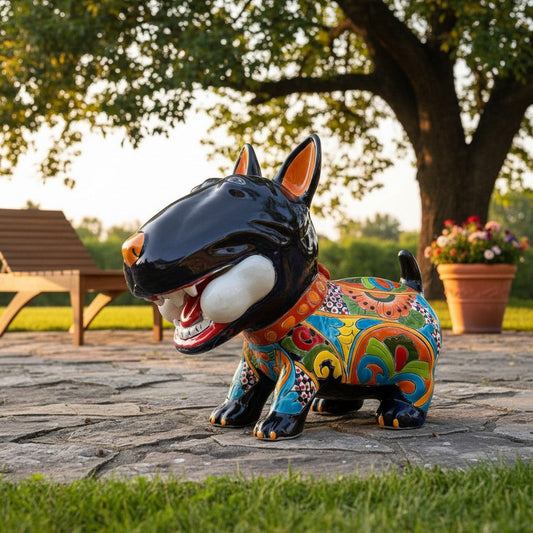 Talavera Bull Terrier Decor | Hand-painted Ceramic Dog with Bone