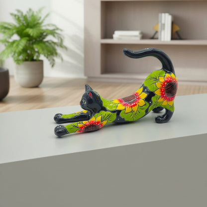 Talavera Stretching Cat Statue | Hand-Painted Sunflower Design