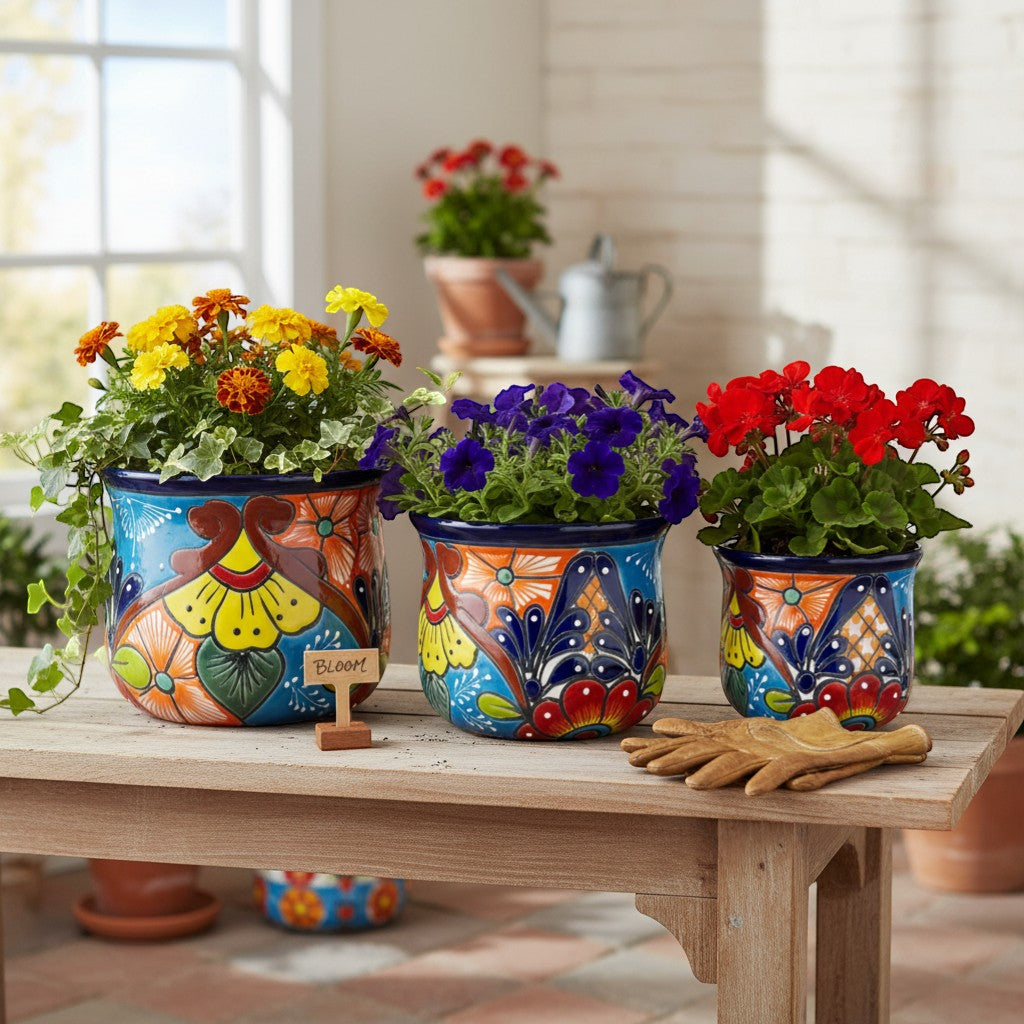 Set of 3 Talavera Flower Pots | Colorful Hand-Painted Mexican Planters