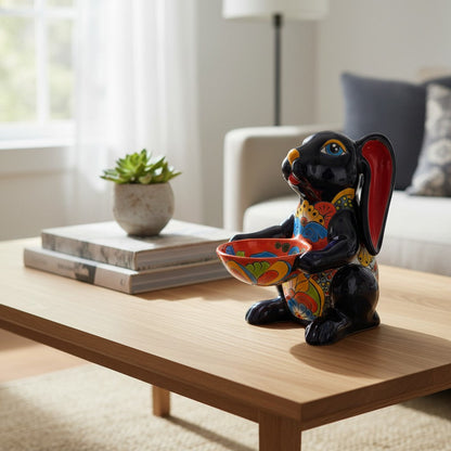 Vibrant Handmade Talavera Bunny Statue | Mexican Folk Art Feeder