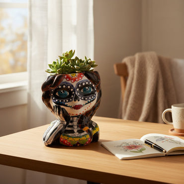 Talavera Skull Girl Planter | Hand-Painted Day of the Dead Pot