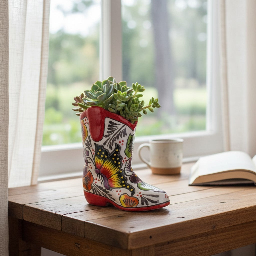 Small Hand-Painted Talavera Mexican Boot Flower Pot | Talavera Planter