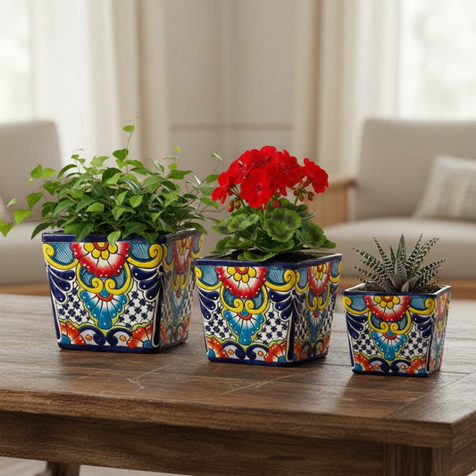 Set of 3 Hand-Painted Talavera Square Planters Set | Floral Pots