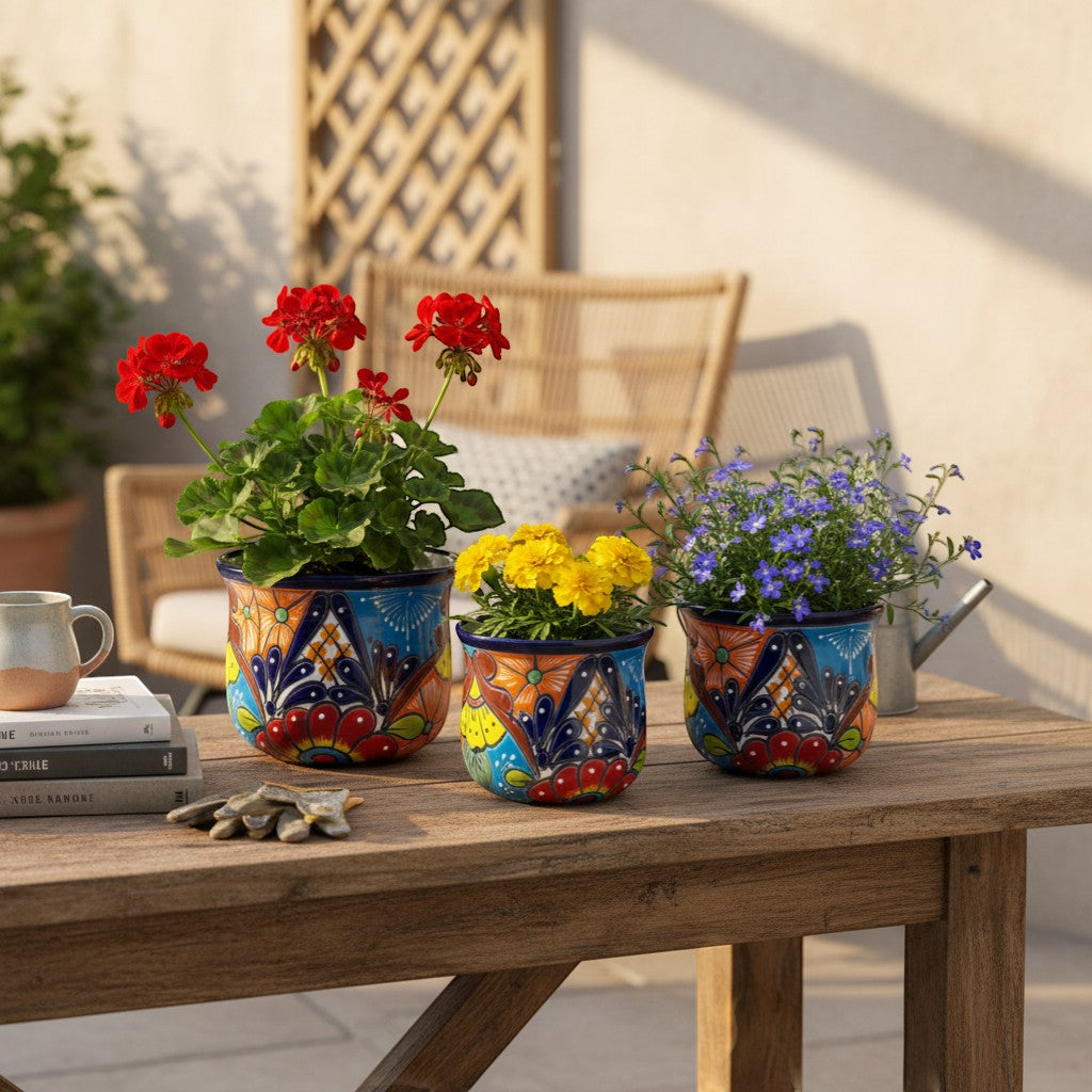 Set of 3 Talavera Flower Pots | Colorful Hand-Painted Mexican Planters