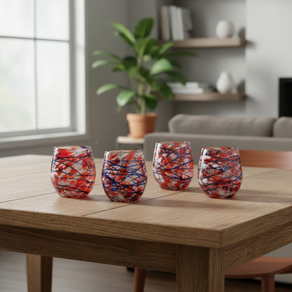 Mexican Stemless Wine Glass | Hand-Blown Orange & Blue Swirl