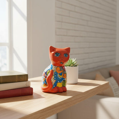 Medium Hand-Painted Talavera Cat Statue | Mexican Folk Art