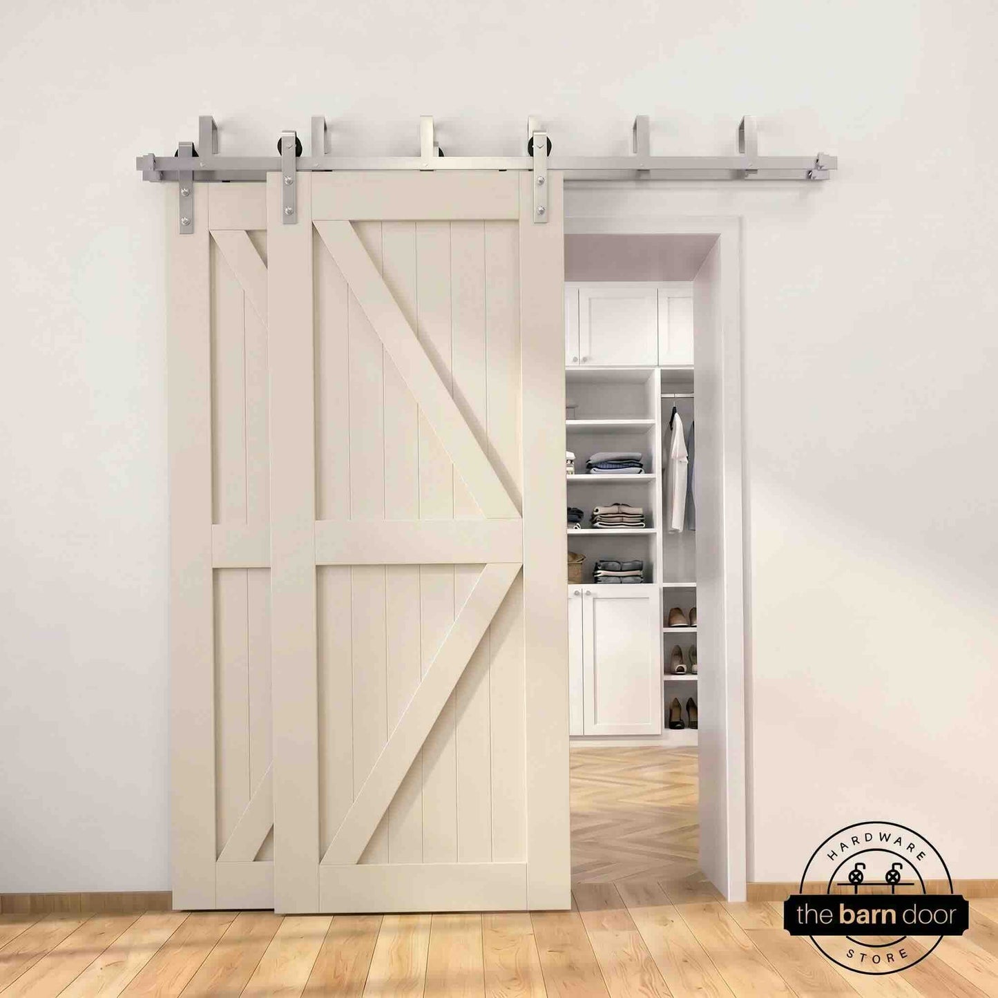 Classic Double Bypass 2 Door Barn Door Kit | Brushed Nickel Hardware