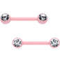 14G 1/2 Clear Gem Pink Ceramic Steel Barbell Nipple Ring Set