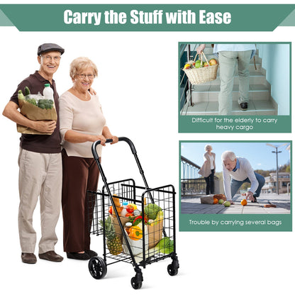Folding Shopping Cart Basket Rolling Trolley with Adjustable Handle