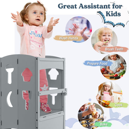 Folding Wooden Step Stool with Lockable Safety Rail for Toddler 3+-Gray