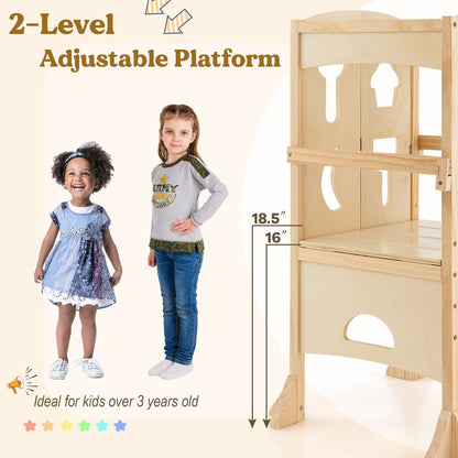 Folding Wooden Step Stool with Lockable Safety Rail for Toddler 3+-Natural