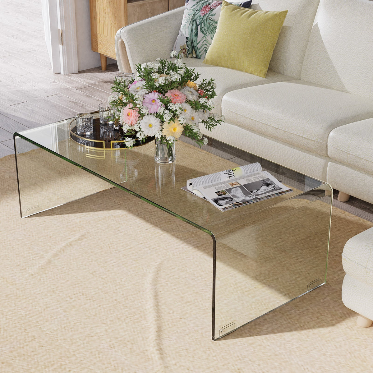 42 x 19.7 Inch Clear Tempered Glass Coffee Table with Rounded Edges-Transparent