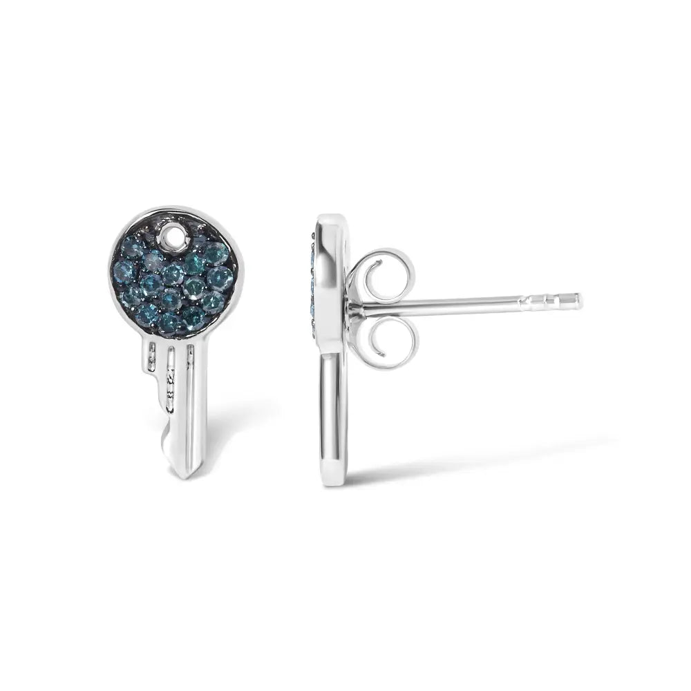 Treated Blue Diamond Key Motif Stud Earrings in Sterling Silver – 1/6 Cttw