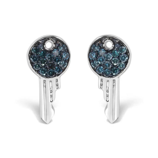 Treated Blue Diamond Key Motif Stud Earrings in Sterling Silver – 1/6 Cttw