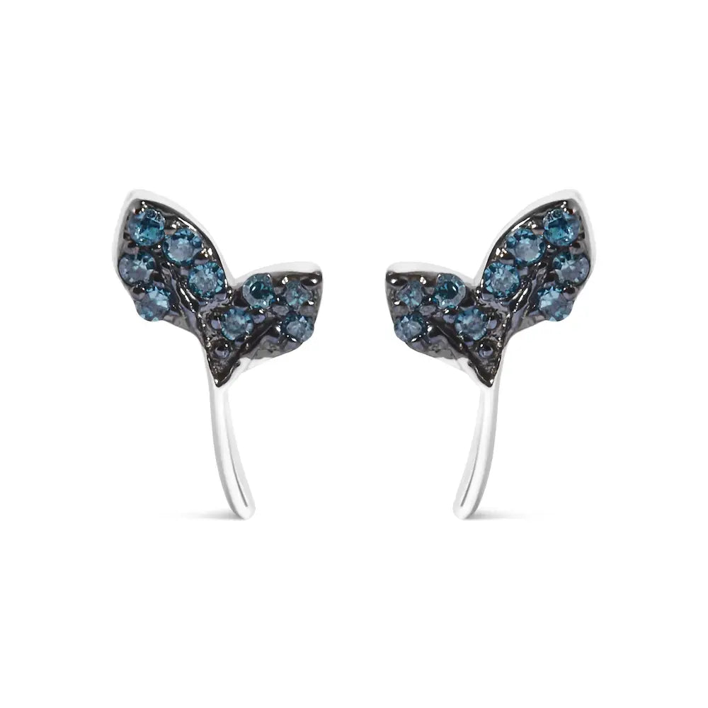 Treated Blue Diamond Leaf Motif Stud Earrings in Sterling Silver – 1/16 Cttw