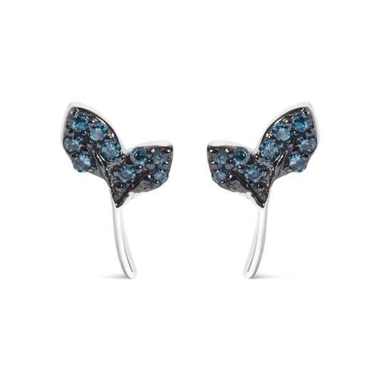 Treated Blue Diamond Leaf Motif Stud Earrings in Sterling Silver – 1/16 Cttw
