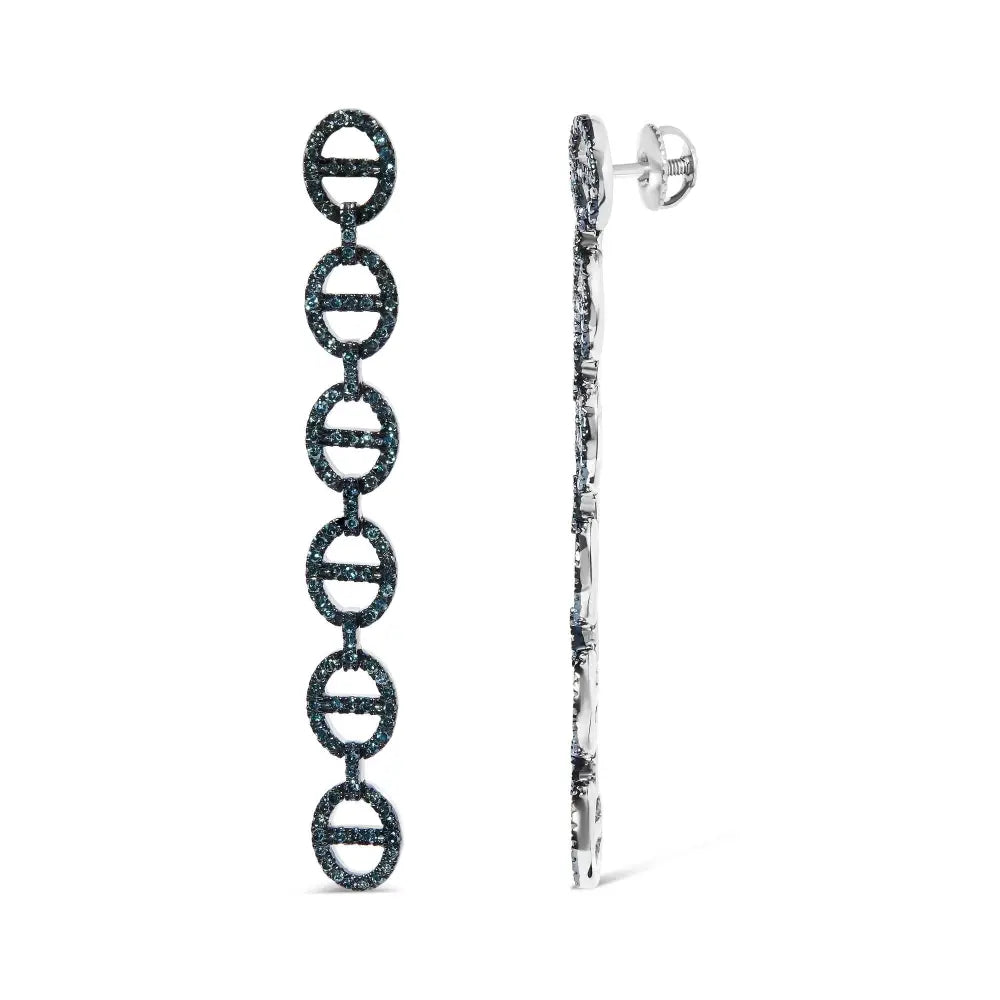 Treated Blue Diamond Linked Circle Drop Earrings in Sterling Silver – 1 Cttw