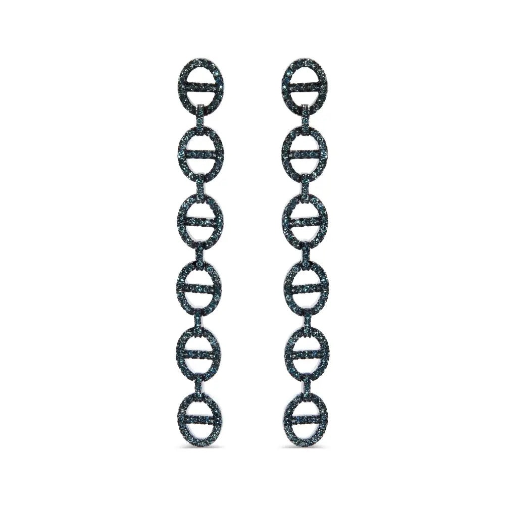 Treated Blue Diamond Linked Circle Drop Earrings in Sterling Silver – 1 Cttw
