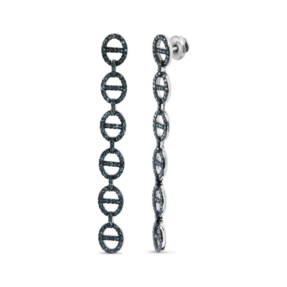 Treated Blue Diamond Linked Circle Drop Earrings in Sterling Silver – 1 Cttw