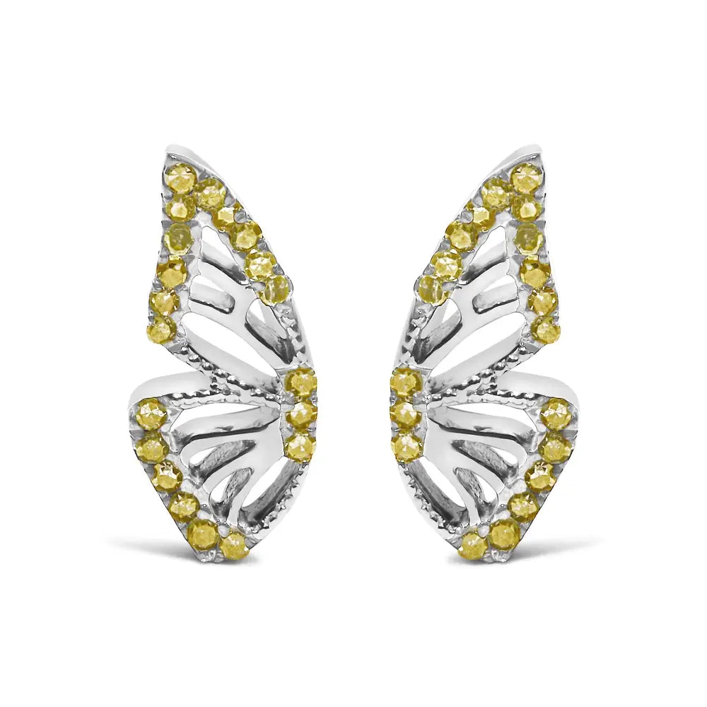 Treated Yellow Diamond Butterfly Stud Earrings in Sterling Silver – 1/6 Cttw