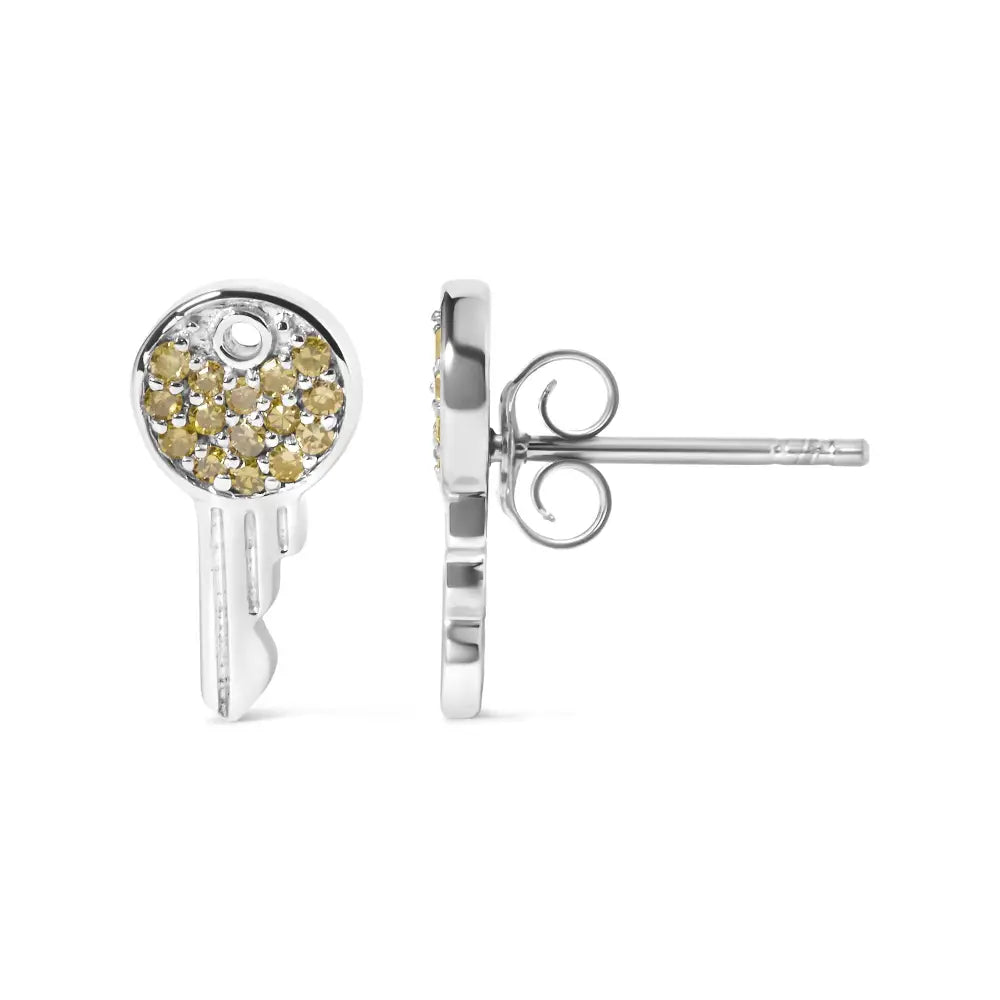 Treated Yellow Diamond Key Motif Charm Stud Earrings in Sterling Silver – 1/6 Cttw