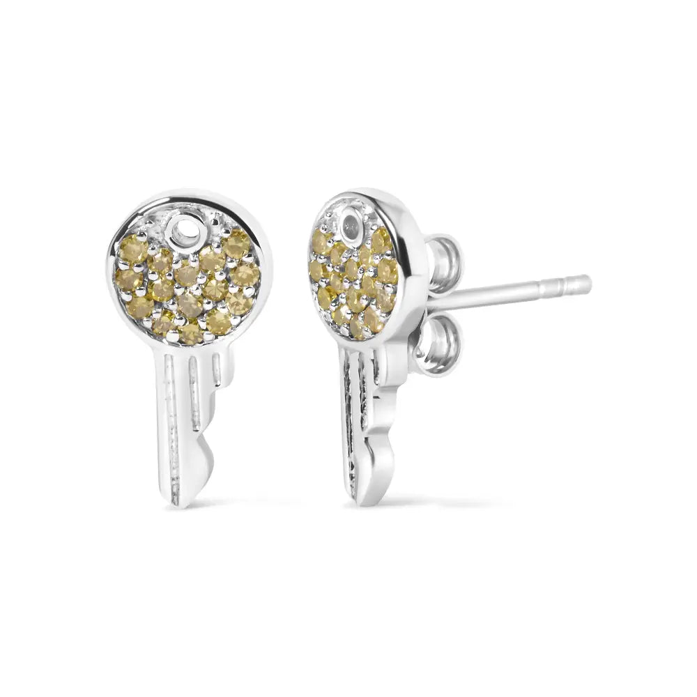 Treated Yellow Diamond Key Motif Charm Stud Earrings in Sterling Silver – 1/6 Cttw